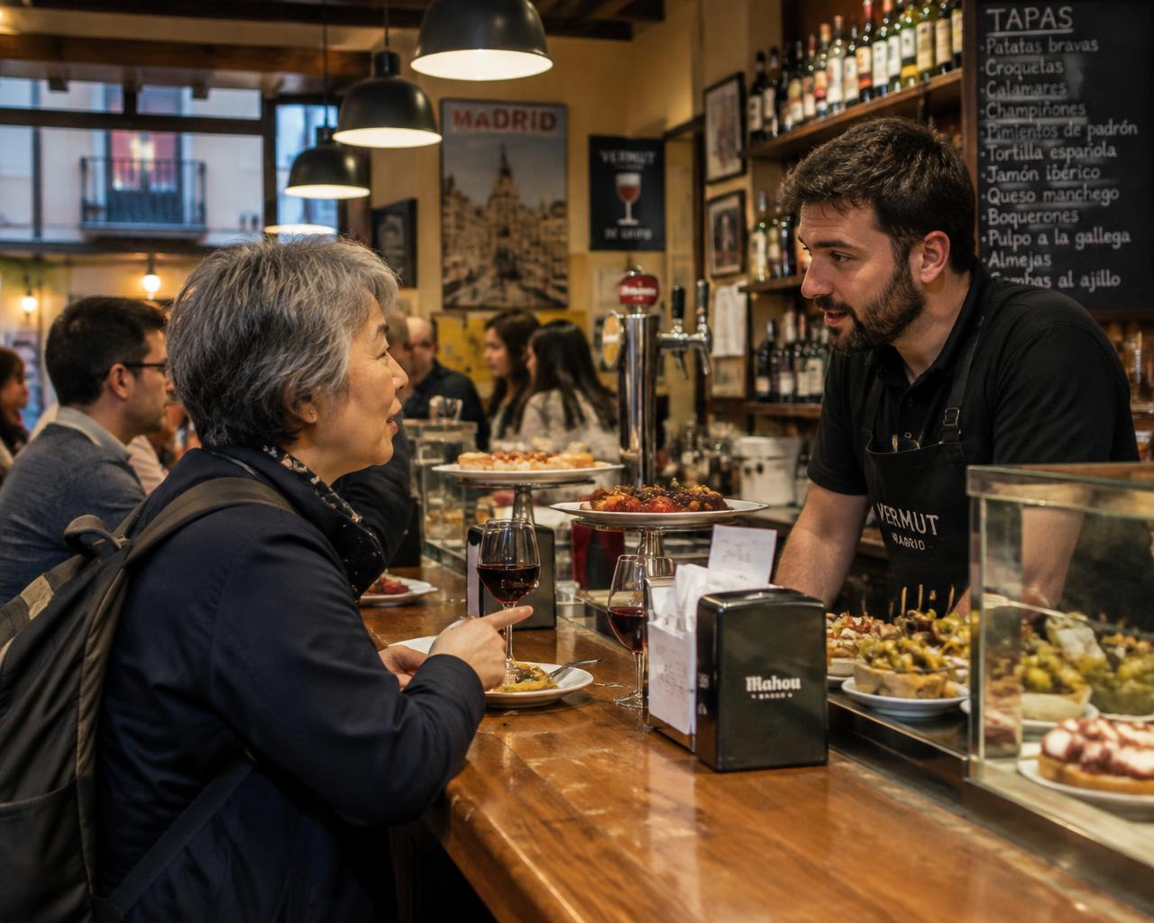 Viajante conversando com o atendente em um bar de tapas